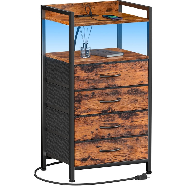 Нощно шкафче със светлина KD Home LumiRest, 4 чекмеджета, 84 x 40 x 30, С 2 контакта, USB и USB Type C, RGB LED лента и дистанционно управление, Метална рамка, Кафяв