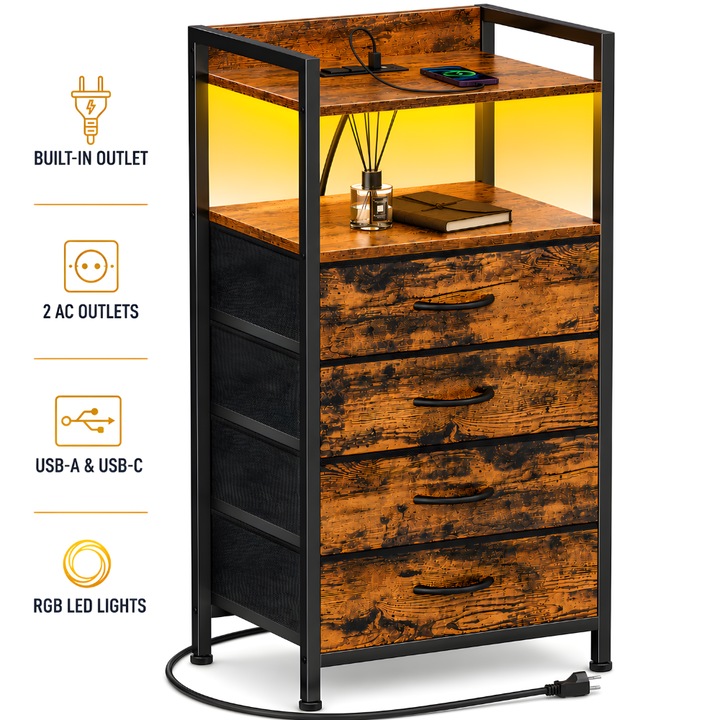 Noptiera cu Lumina KD Home® LumiRest, 4 Sertare, 84 x 40 x 30, Cu 2 Prize, USB si USB Type C, Banda LED RGB si Telecomanda, Cadru Metalic, Maro
