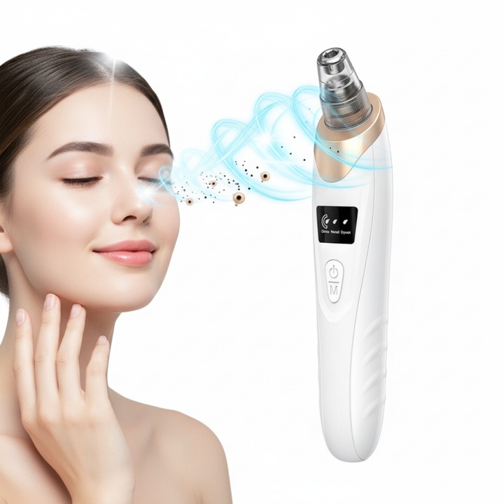 Aparat pentru puncte negre cu vacuum facial, 3 trepte de putere reglabile, 5 capete interschimbabile pentru curatare pori, afisaj LED, reincarcare rapida USB, functionare silentioasa, ingrijire completa a tenului acasa