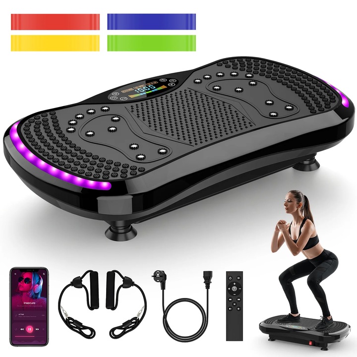 Placa de vibratie, 9 programe de stimulare musculara, difuzor Bluetooth, 62x36x12cm, set de 9 echipamente sportive