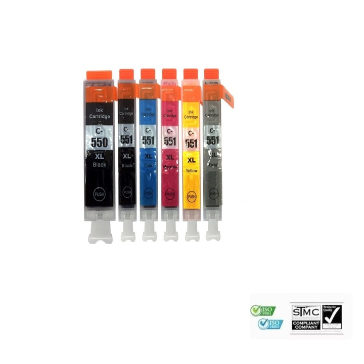 Комплект 5 съвместими мастилени касети PGI-550XL / CLI-551XL (2хчерно, циан, жълто, магента), 77 мл, за Canon IP7250, IP8750, MG5450, MG6350, PIXMA IX6850, MG5550, MG5650, MG6450, MG6650, MG7150, MG7550, MX725, MX925