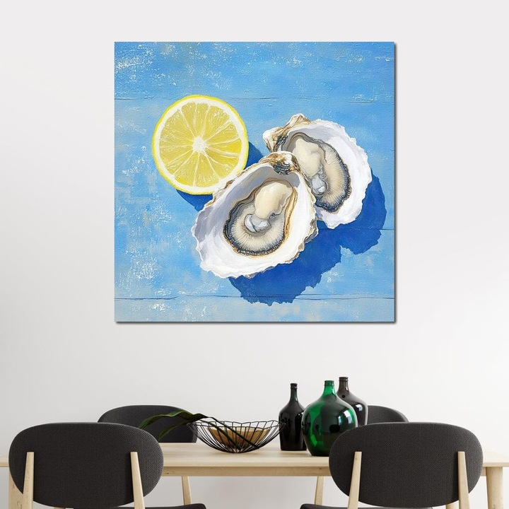 Премиум Канава Картина, LuxCanva® N1033, Вкусът на Океана, 75 X 75 СМ, Платно 100% Памук 400гр/м2, Дървена Рамка, Миди, Стриди, Лимон, Море, Средиземноморски, Аперитив, Храна, Деликатес, Гурме, Изисканост, Ресторант, Кухня