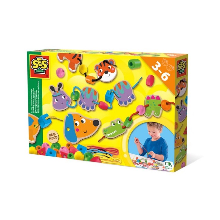 Set educativ de insirat animale si margele din lemn