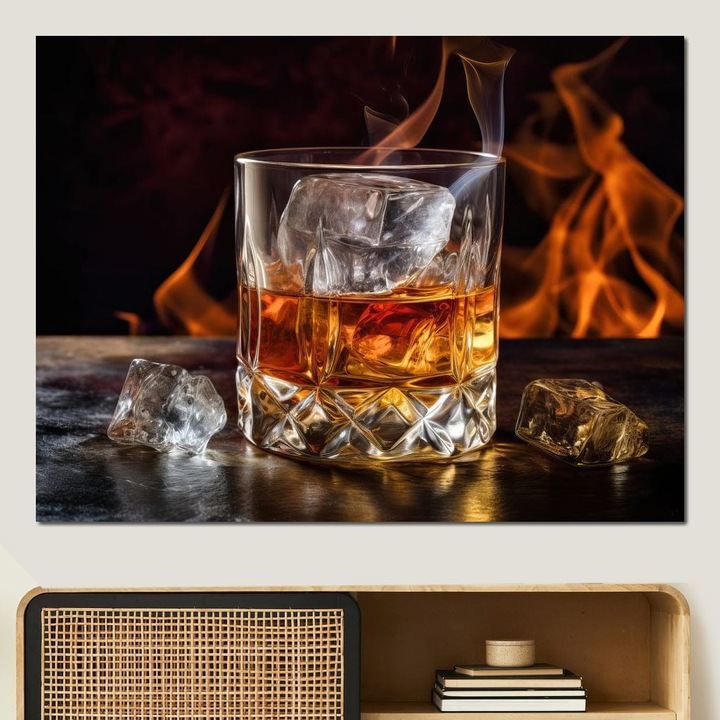 Премиум Канава Картина, LuxCanva® N1034, Пламък в кристал, 75 X 100 СМ, 100% Памучно платно 400гр/м2, Дървена рамка, Пламъци, Огън, Уиски, Чаша, Напитка, Лед, Изисканост, Релакс, Пъб, Лаундж, Бар, Ресторант, Кухня