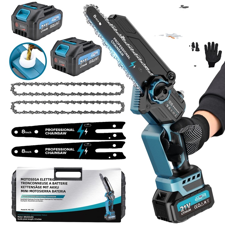 Láncfűrész, 8 hüvelykes, két akkumulátor, könnyű kialakítás, kék
