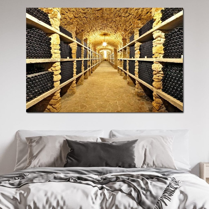 Премиум Канава Картина, LuxCanva® N1035, Архив на вкусовете, 100 X 150 СМ, Платно 100% Памук 400гр/м2, Дървена рамка, Винотека, Вино, Бутилки, Напитка, Тунел, Винарна, Подземен, Традиционен, Дегустация, Пъб, Бар, Ресторант, Кухня
