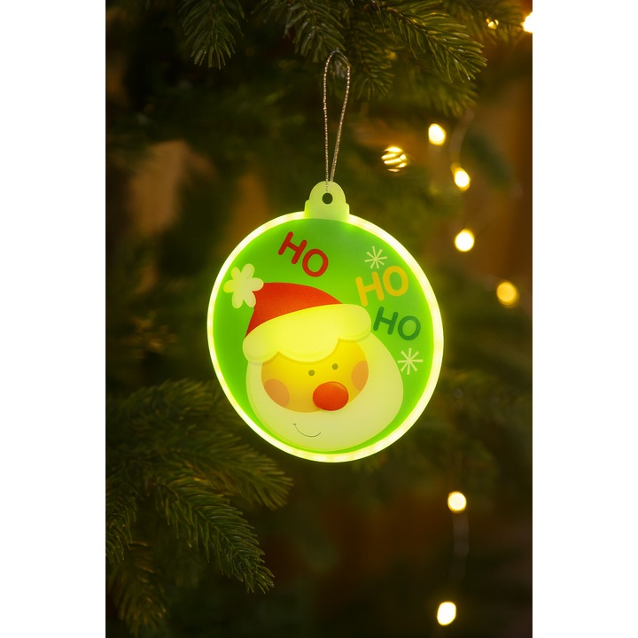 Karácsonyi világító dekoráció, 3D, fához, Mikulás design, akasztóval, öntapadós szalaggal és elemekkel, 8cm, zöld