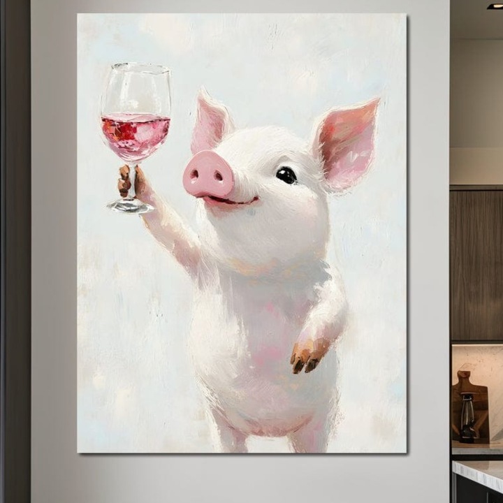 Картина LuxCanva® N1036, Розовият Сомелиер, 45 X 60 СМ, 100% Памучно Платно 400гр/м2, Дървена Подрамка, Прасенце, Животно, Чаша, Червено Вино, Наздравица, Сладък, Парти, Веселие, Наздраве, Пъб, Бар, Ресторант, Кухня