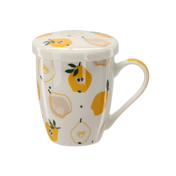 Cană de porțelan cu capac și filtru, model pară, 340 ml