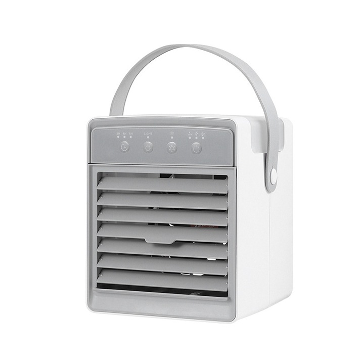 Hordozható ventilátor, 3 sebességfokozat, 3 időzítő, hangulatvilágítás, 300 ml-es víztartály, párásító, gyors hűtés, basszuszaj-csökkentés, USB tápegység, 143x143x176 mm, fehér