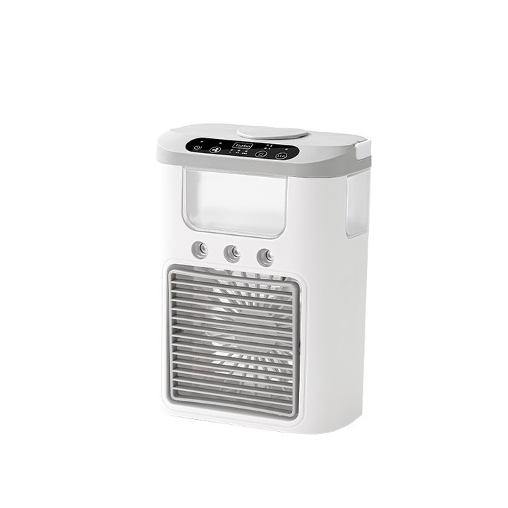 Hordozható ventilátor, LED digitális kijelző, 3 sebességfokozat, 600 ml-es víztartály, színes hangulatvilágítás, gyors hűtés, USB töltés, ergonomikus kialakítás, szürke