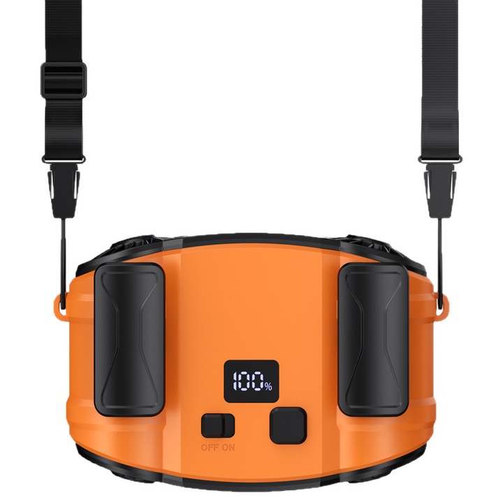 Hordozható ventilátor, 10 W, 5 sebességfokozat, derékra rögzíthető, gyors hűtés, 10000 mAh, USB-n újratölthető, ergonomikus, narancssárga