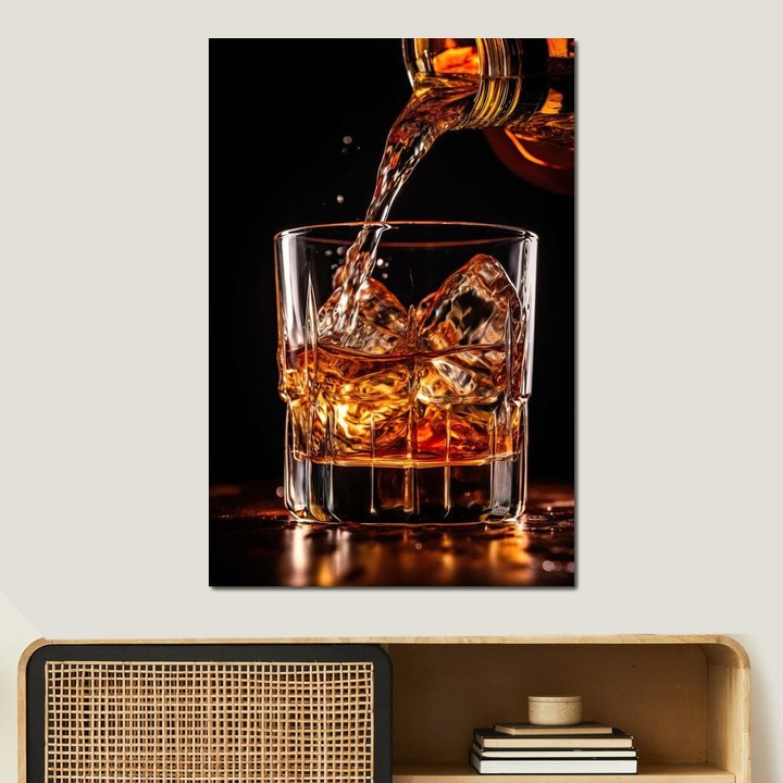 Премиум Канава Картина, LuxCanva® N1038, Уискѝ Водопад, 100 X 150 СМ, Платно 100% Памук 400гр/м2, Дървена Рамка, Бутилка, Чаша, Напитка, Уискѝ, Лед, Нощен, Дегустация, Аромат, Финес, Пъб, Бар, Лаундж, Ресторант, Кухня