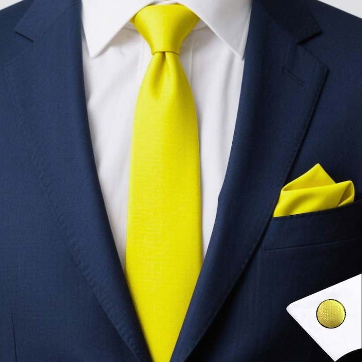 Set Cravata Galben 100% Matase pentru Barbati, Batista si Butoni - Handmade Cadou Clasic si Elegant