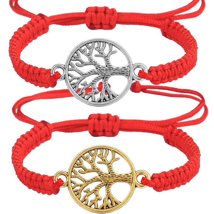 Brataraj ajustabil cu 2 bratari, cordura rosie, metal zinc, arborele vietii aurit & argintiu, cadou perfect
