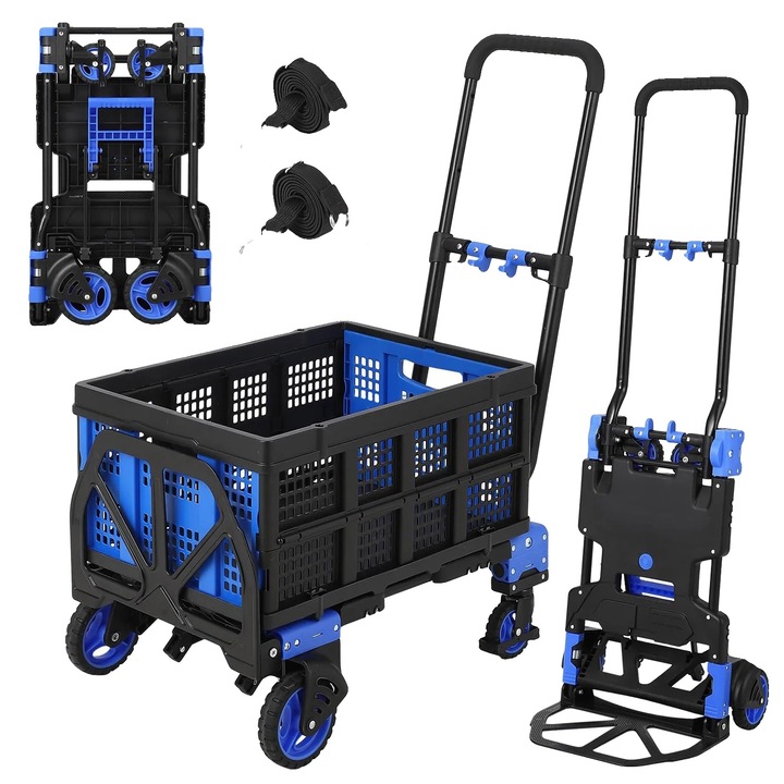 Сгъваема количка за транспорт, универсален дизайн, ергономична дръжка, синя, капацитет 150 кг, компактни размери
