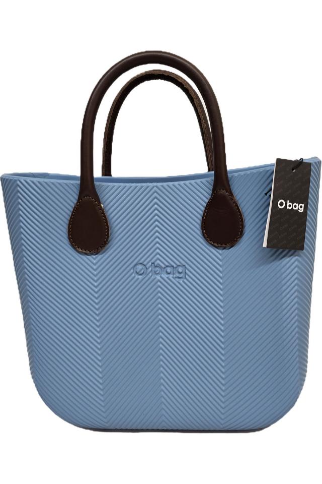 Geantă de mână, O bag, albastru deschis, mânere maro, poliuretan