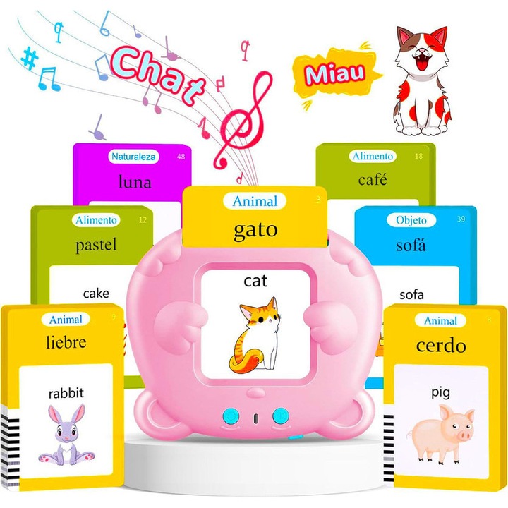 Jucarie educativa, MKIYHODDIY, dispozitiv invatare cuvinte in engleza, 224 cuvinte, 112 cartonase, roz