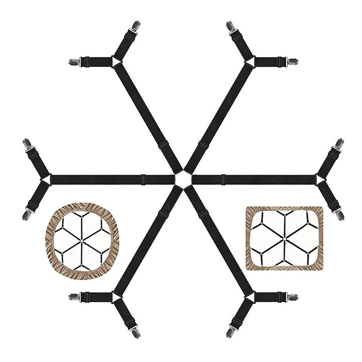 Dispozitiv elastic pentru fixare cearceafuri, MKIYHODDIY, 6 clipsuri, negru