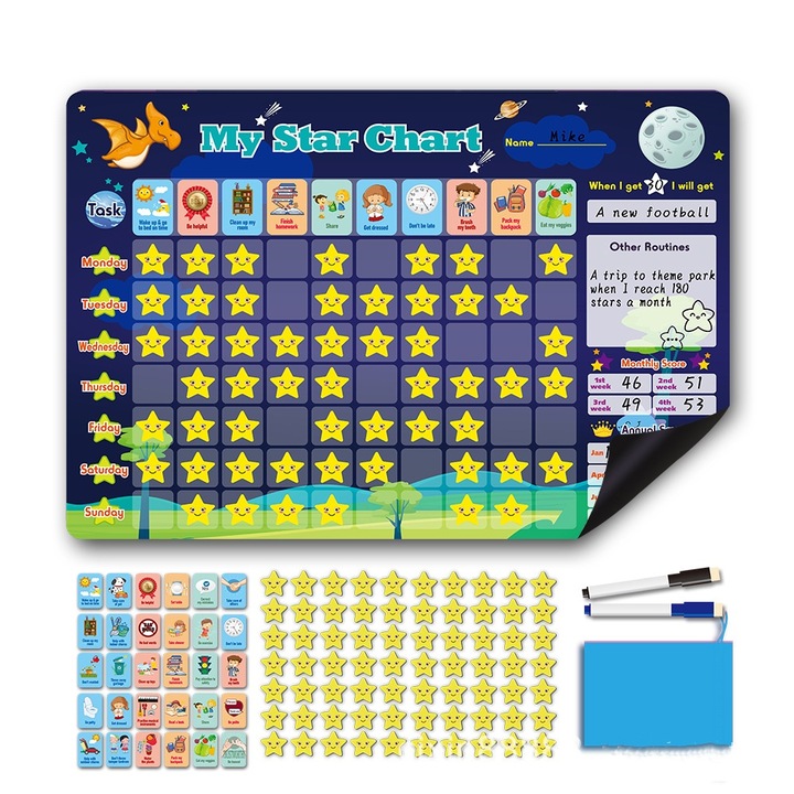 Tabla de recompense pentru copii, MKIYHODDIY, magnetica, 70 magneti stea si 30 magneti sarcina, 44x30cm, albastru