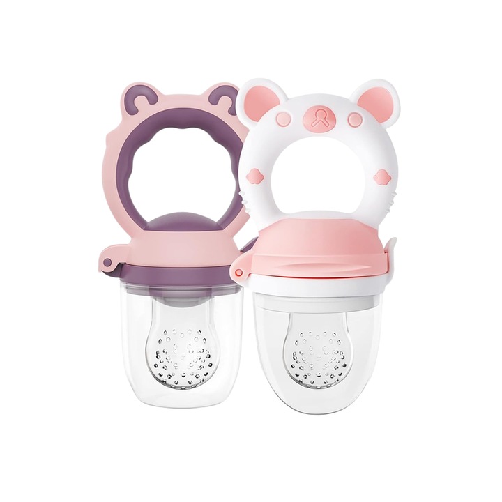 MKIYHODDIY Комплект от 2 бебешки залъгалки за храна, мек силикон, без BPA, подходящи за плодове и зеленчуци, розови, 4 месеца+