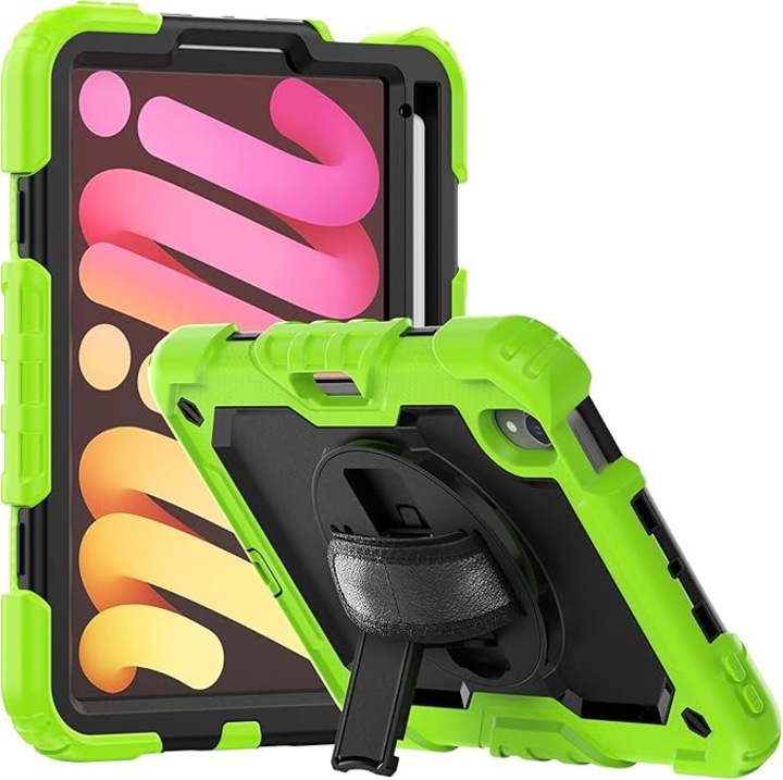 Pachet complet 360° Sigloo: Husa Shockproof Armor + Folie integrata pentru iPad Mini 7/6, 8.3'', cu stand rotativ si curea umar, Verde