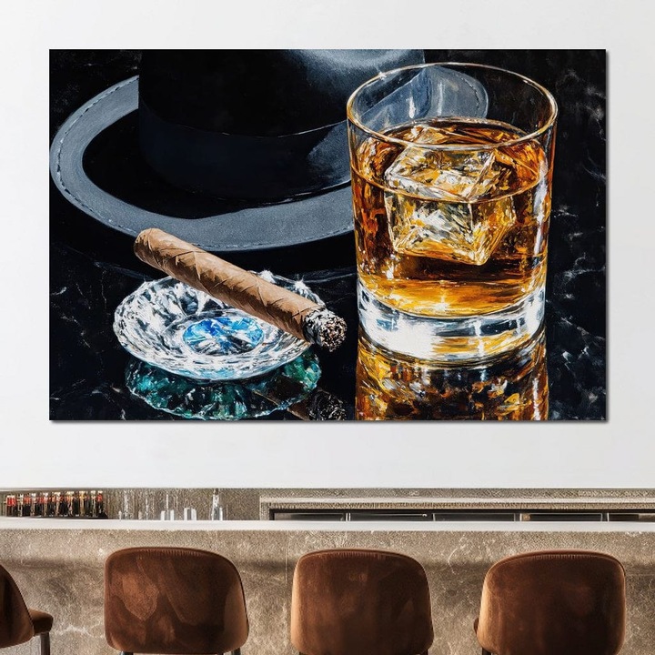 Премиум Канава Картина, LuxCanva® N1041, Кадър от Елегантност, 40 X 60 СМ, Платно 100% Памук 400гр/м2, Дървена Рамка, Шапка, Пура, Уиски, Чаша, Мъжки, Джентълмен, Мрамор, Напитка, Лукс, Пъб, Бар, Лаундж, Ресторант, Кухня