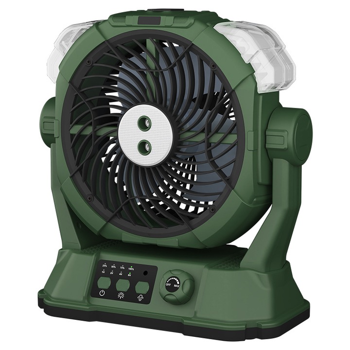 Ventilátor, párásító hűtés, LED-es világítás, 20000 mAh, USB, kétoldalas rögzítés, időzítő, változtatható sebesség, power bank, kempingezés
