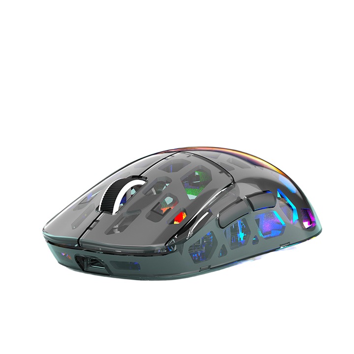 Egér, vezeték nélküli 2, 4 GHz/Bluetooth, RGB megvilágítás, Type-C, 600 mAh, 5 DPI szint, kompakt és hordozható, átlátszó test