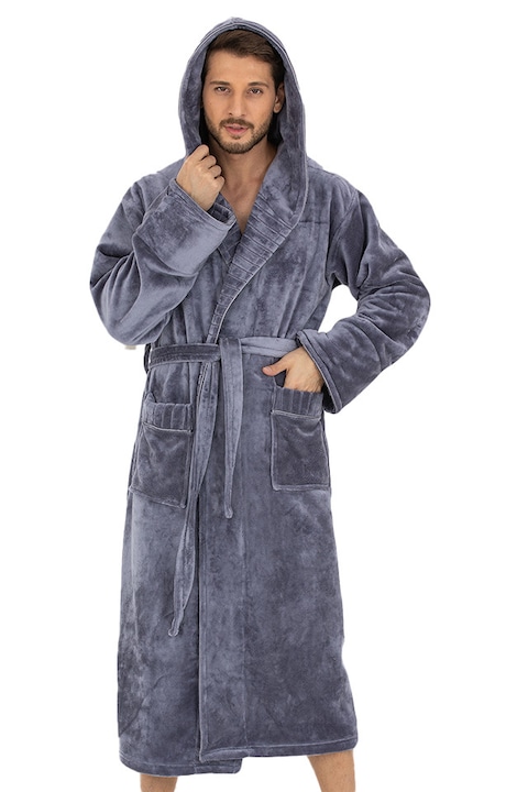 Halat barbati, Wild Love, model Atlas, 100% bambus catifelat, lung, cu gluga, cordon si buzunare frontale, gri petrol, 1XL