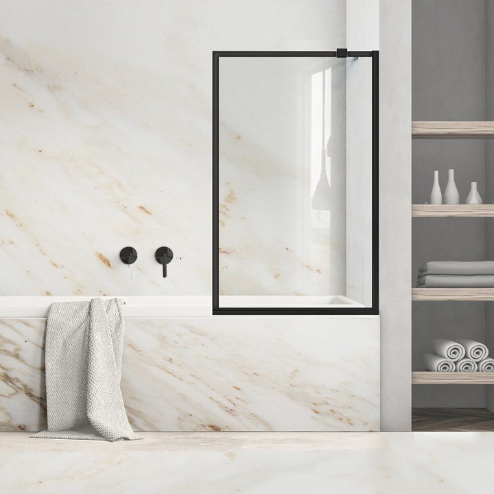 Paravan cada Ravana ® Fix Black, model Frame negru, feronerie full inox negru mat, sticla clara, securizata, 70x140 cm