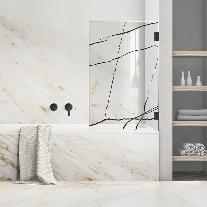 Paravan cada Ravana ® Mobil Black, model Marble negru, feronerie full inox negru mat, sticla clara, securizata, 70x140 cm