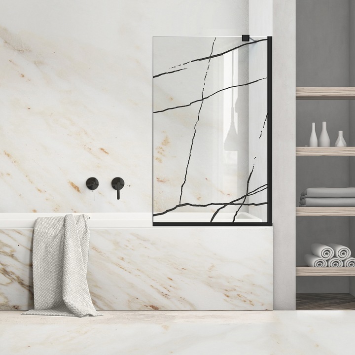 Paravan cada Ravana ® Fix Black, model Marble negru, feronerie full inox negru mat, sticla clara, securizata, 70x140 cm