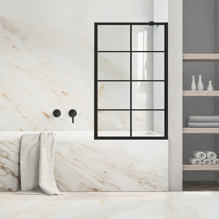 Paravan cada Ravana ® Fix Black, model Mode negru, feronerie full inox negru mat, sticla clara, securizata, 70x140 cm