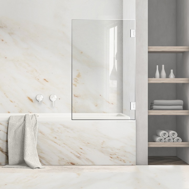 Paravan cada Ravana ® Mobil White, feronerie alba, cu balama automata180°, sticla clara, securizata, 70x140 cm