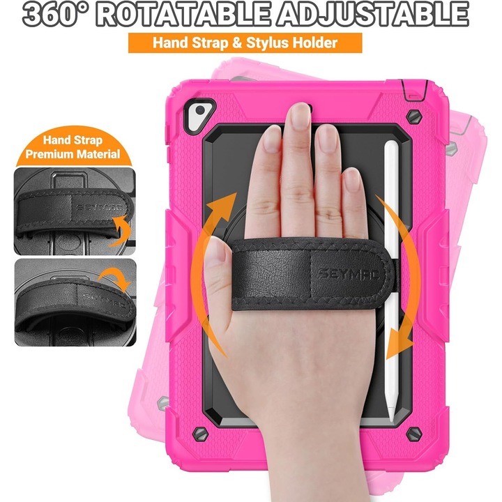 Pachet 360 pentru iPad 9.7" (iPad Air 2, iPad 5/6, iPad Pro 9.7) – Husa Sigloo Shockproof Armor cu folie inclusa, curea de umar si suport rotativ, Roz
