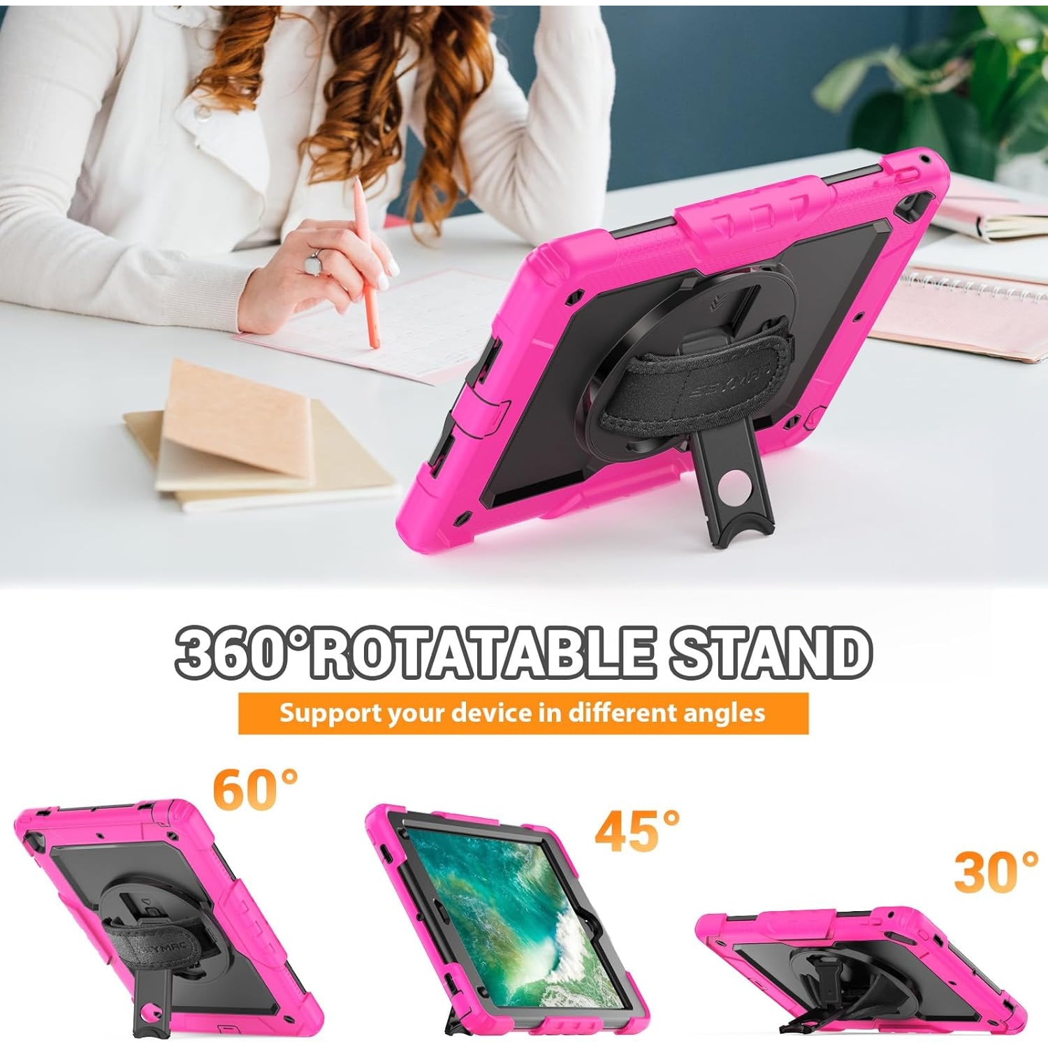 Husa Sigloo 3-in-1 pentru iPad 9.7” / iPad Pro 9.7” (2017/2018) – Protectie Completa, Suport Rotativ, Curea Reglabila, Roz + Negru