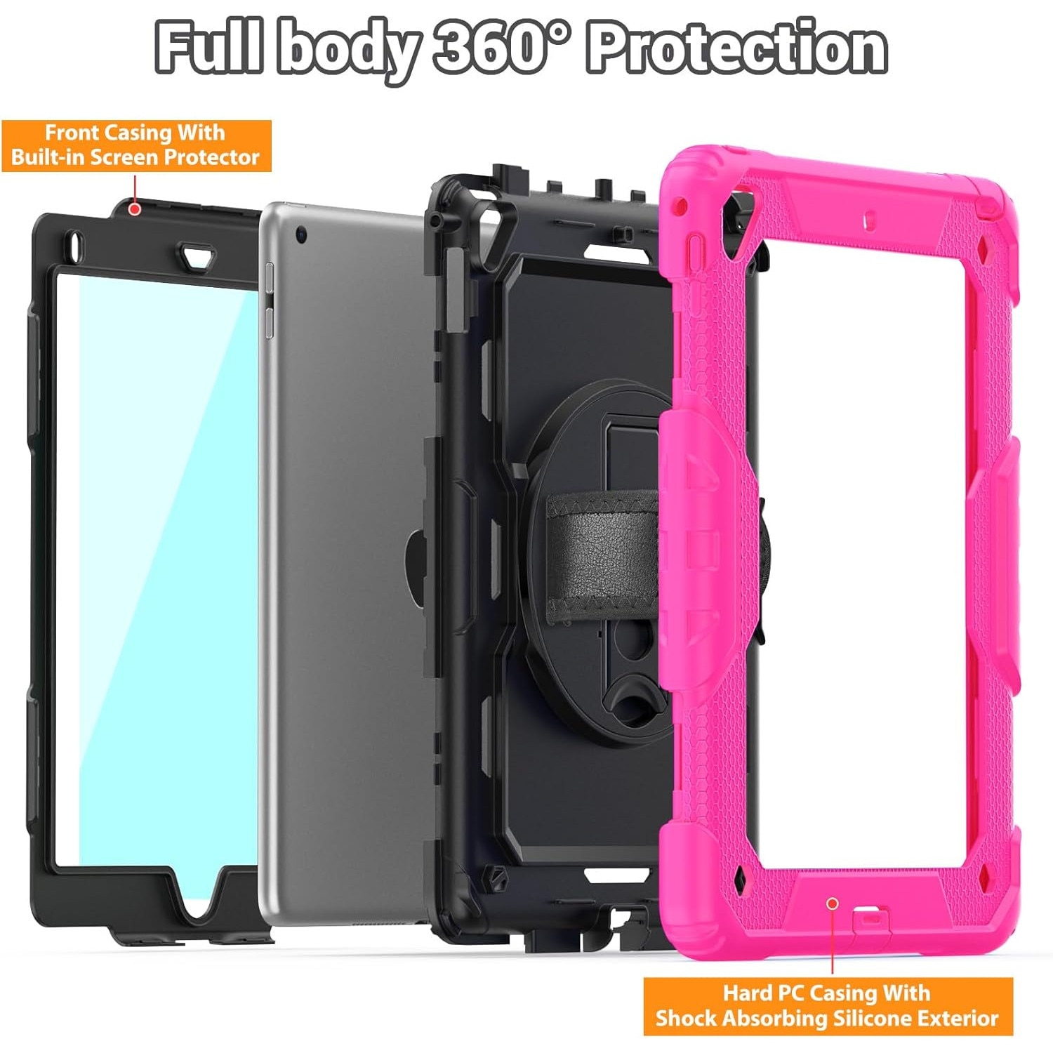 Husa Sigloo 3-in-1 pentru iPad 9.7” / iPad Pro 9.7” (2017/2018) – Protectie Completa, Suport Rotativ, Curea Reglabila, Roz + Negru