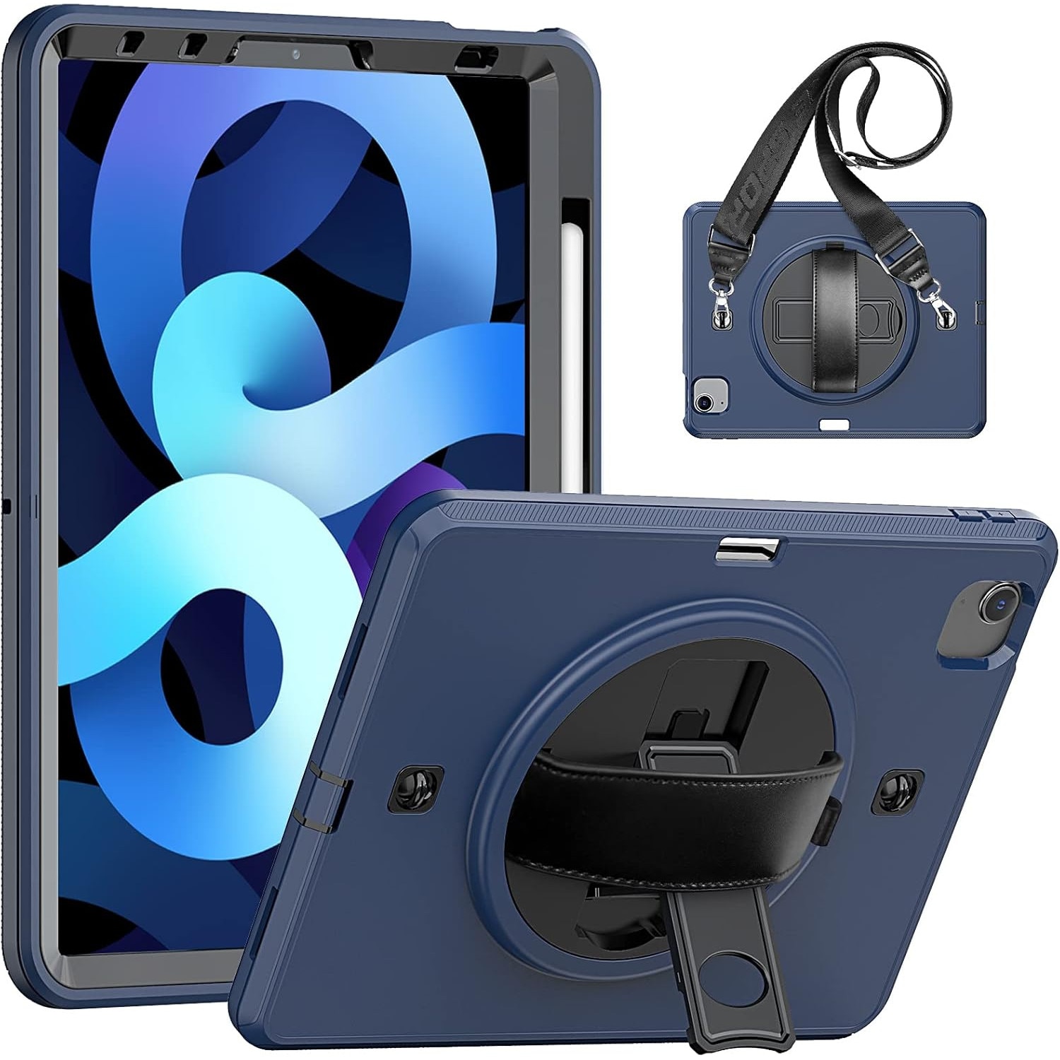 Pachet 360 pentru iPad 9.7" (iPad Air 2, iPad 5/6, iPad Pro 9.7) – Husa Sigloo cu folie inclusa, curea de umar si suport rotativ, Mov inchis