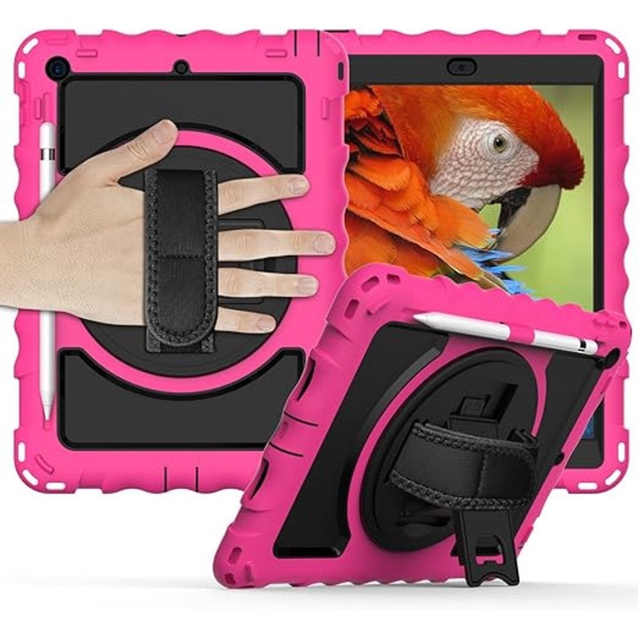 Husa Sigloo 3-in-1 pentru iPad 9.7” / iPad Pro 9.7” (2017/2018) – Protectie Completa, Suport Rotativ, Curea Reglabila, Roz + Negru