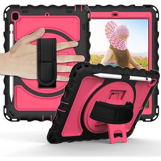 Husa Sigloo 3-in-1 pentru iPad 9.7” / iPad Pro 9.7” (2017/2018) – Protectie Completa, Suport Rotativ, Curea Reglabila, Roz + Negru