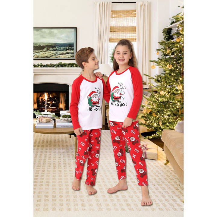 Pijama Copii, Tematica Craciun, Bumbac, Rosu/Alb