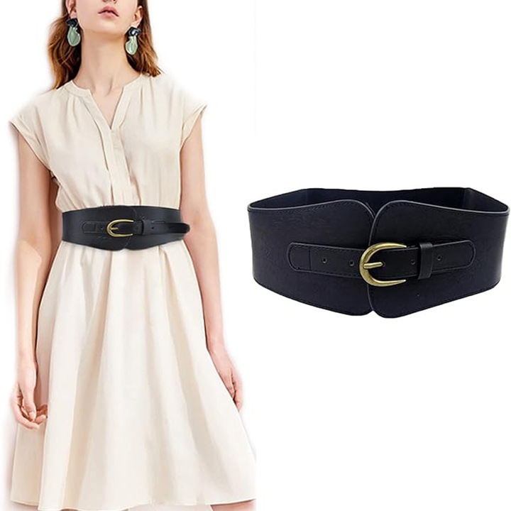 Дамски колан TRADERPLUS, еко кожа, еластичен, ретро, широк, черен