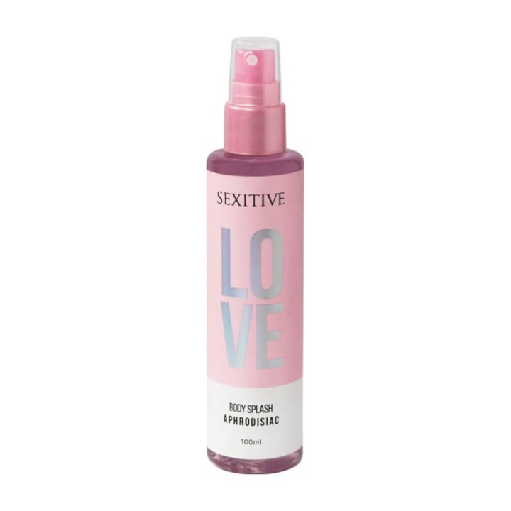 Spray cu feromoni pentru corp SEXITIVE Love Body Splash, pentru femei, note de coacaze negre, cocos si lacramioare, 100 ml