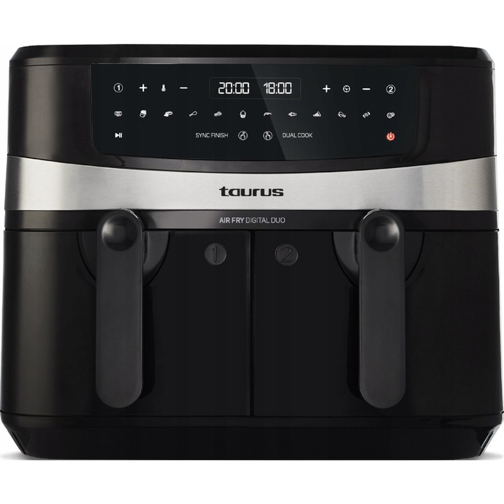 Friteuza cu Aer Cald Taurus 973980000, 2200 W, Capacitate 9 L, Functii Air Fry, Grill, Bake, Negru