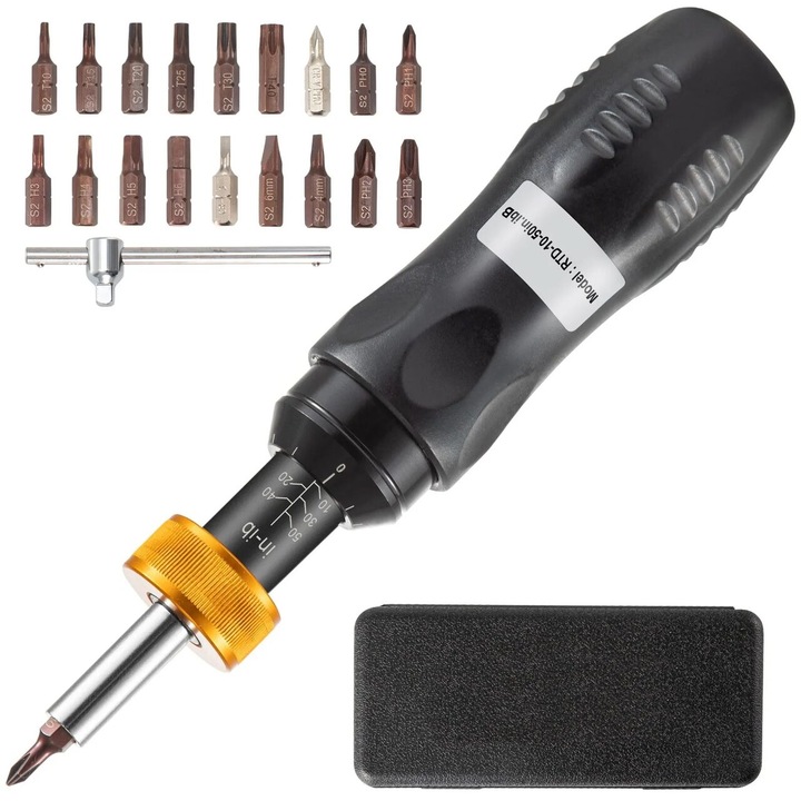 Динамометрична отвертка, Регулируем въртящ момент 1.1-5.6 N/m, 1/4", Хром-ванадий, 18 бита, кутия за съхранение