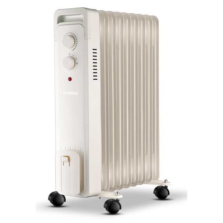 Calorifer electric cu ulei HYUNDAI, model HYH 0920 R, 2000 W, 9 elementi, 3 trepte de putere, Termostat reglabil, Protectie la supraincalzire si rasturnare, Alb emailat