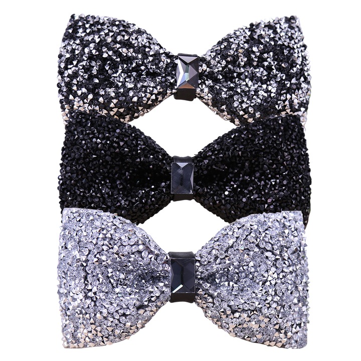 Set 3 papioane barbati RDWESZOD, reglabil, strasuri, negru, gri, alb, 6x12cm