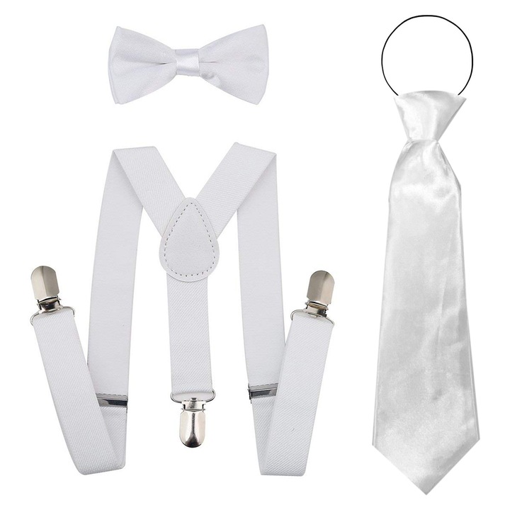 Set cravata/bretele/papion pentru copii, RDWESZOD, dimensiuni ajustabile, poliester/metal, Alb