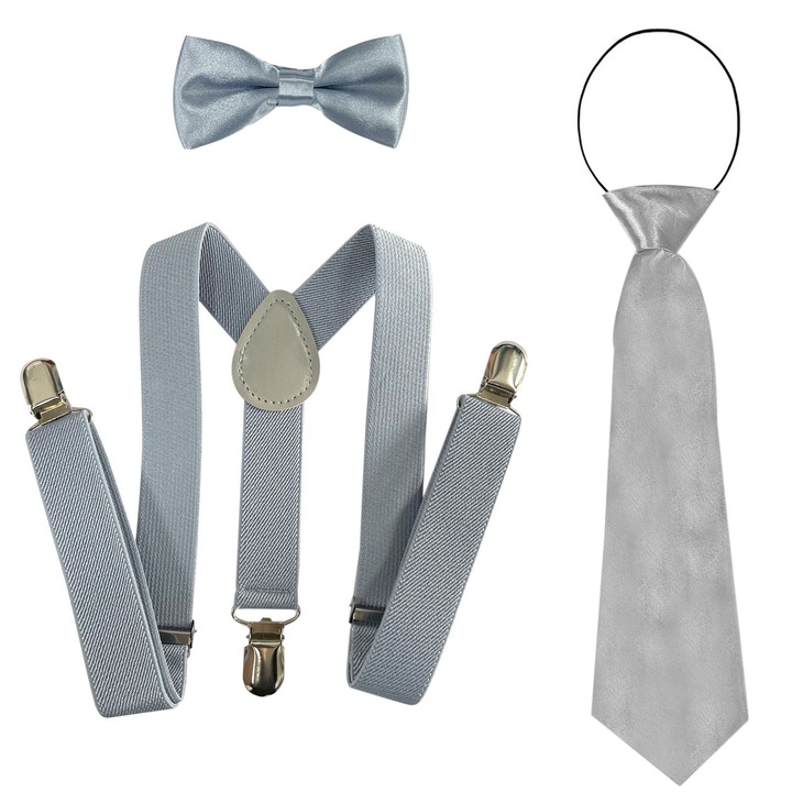 Set cravata/bretele/papion pentru copii, RDWESZOD, dimensiuni ajustabile, poliester/metal, Gri